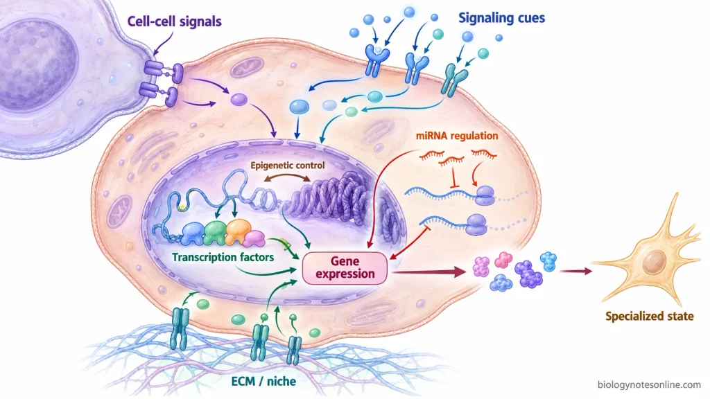 Integrated regulation of cell differentiation through extracellular signals, cell interactions, ECM cues, transcription factors, epigenetic control, and microRNAs.