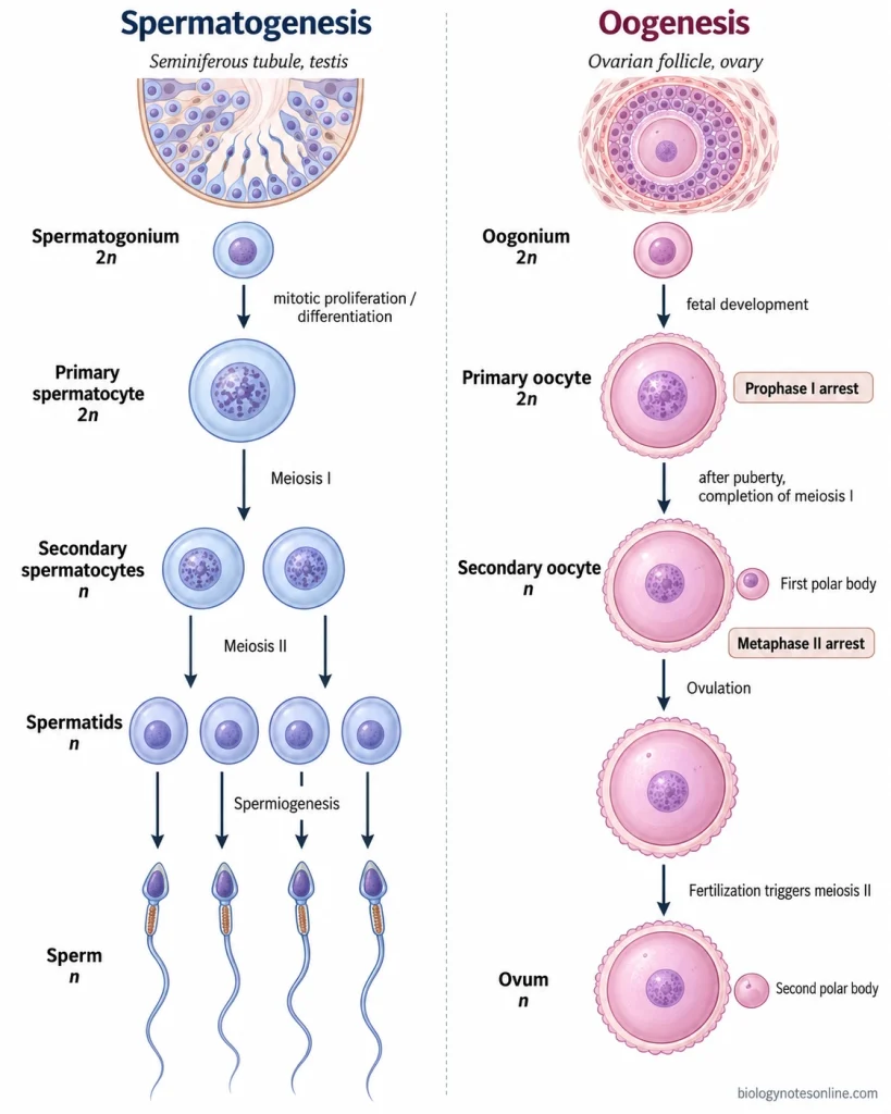 Parallel pathways of human spermatogenesis producing four haploid sperm and oogenesis producing one large female gamete with polar bodies and meiotic arrest stages.