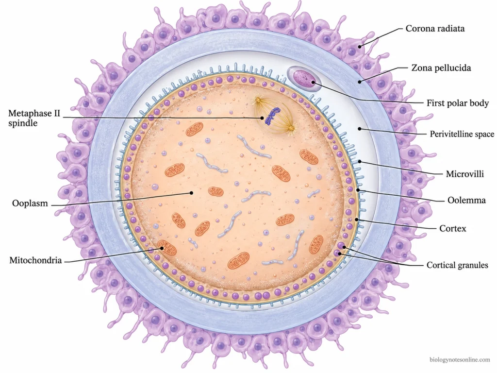 Cross-sectional diagram of a human secondary oocyte showing ooplasm, metaphase II spindle, cortical granules, oolemma, perivitelline space, first polar body, zona pellucida, and corona radiata.