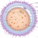 Cross-sectional diagram of a human secondary oocyte showing ooplasm, metaphase II spindle, cortical granules, oolemma, perivitelline space, first polar body, zona pellucida, and corona radiata.