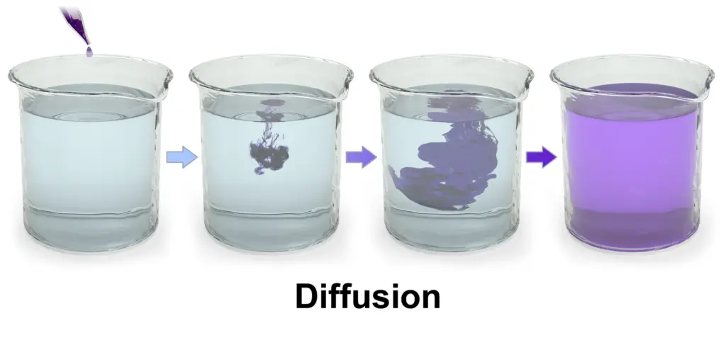 Three-dimensional rendering of diffusion of purple dye in water.

