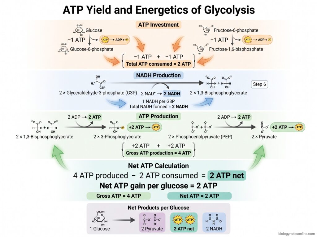 Glycolysis Pathway – 10 Steps, Enzymes, Products, ATP Yield & Regulation 6 Diagram showing ATP Yield and Energetics of Glycolysis