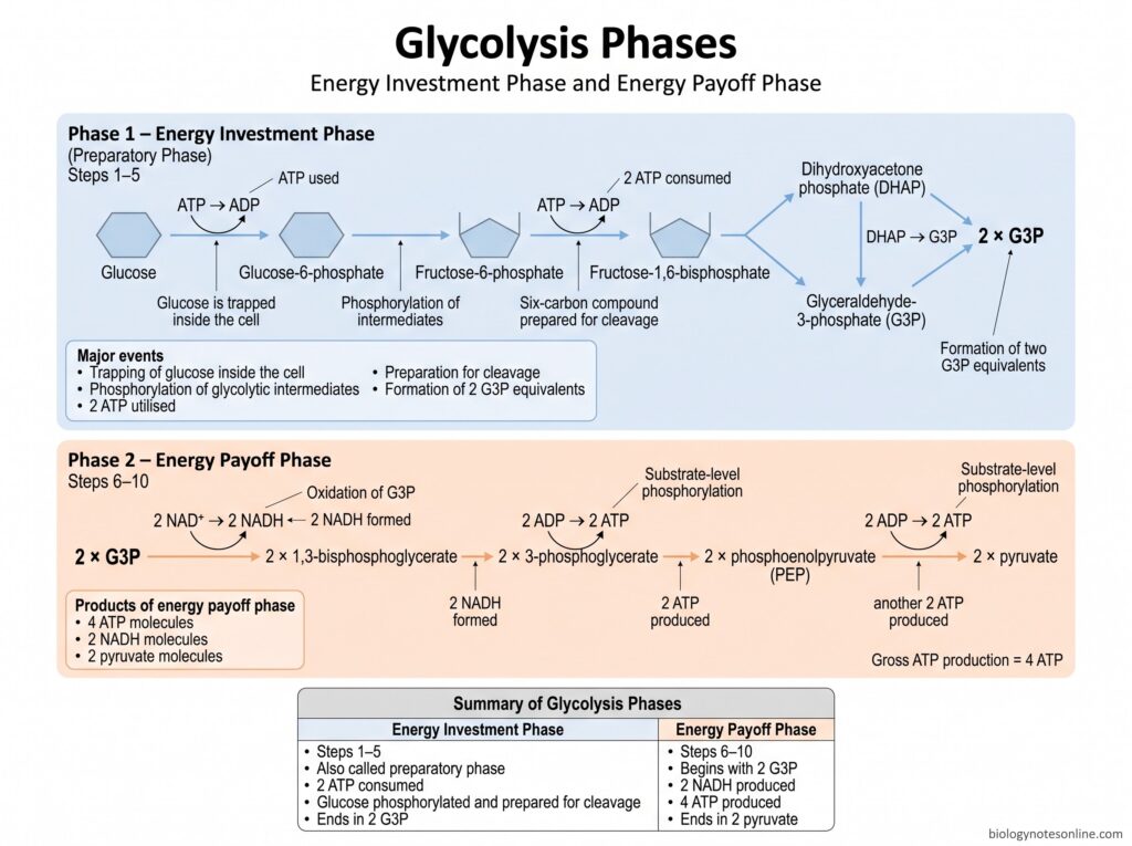 Glycolysis Pathway – 10 Steps, Enzymes, Products, ATP Yield & Regulation 3 Diagram showing Phases of Glycolysis