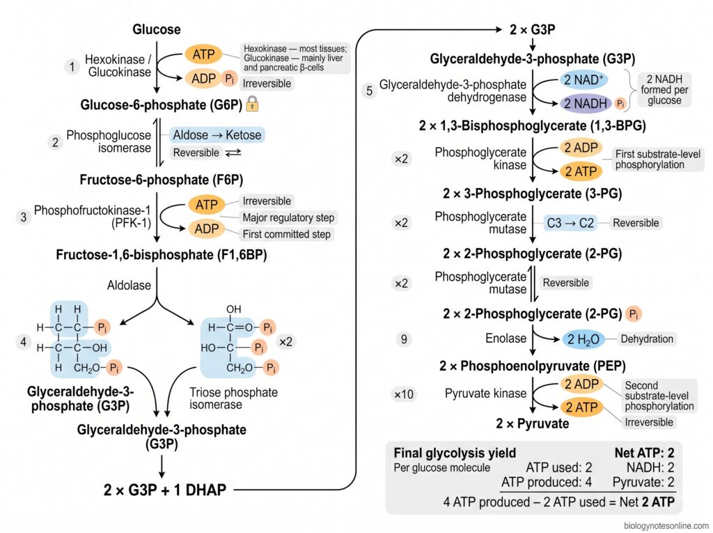 Glycolysis Pathway – 10 Steps, Enzymes, Products, ATP Yield & Regulation 1 Diagram showing Glycolysis Steps
