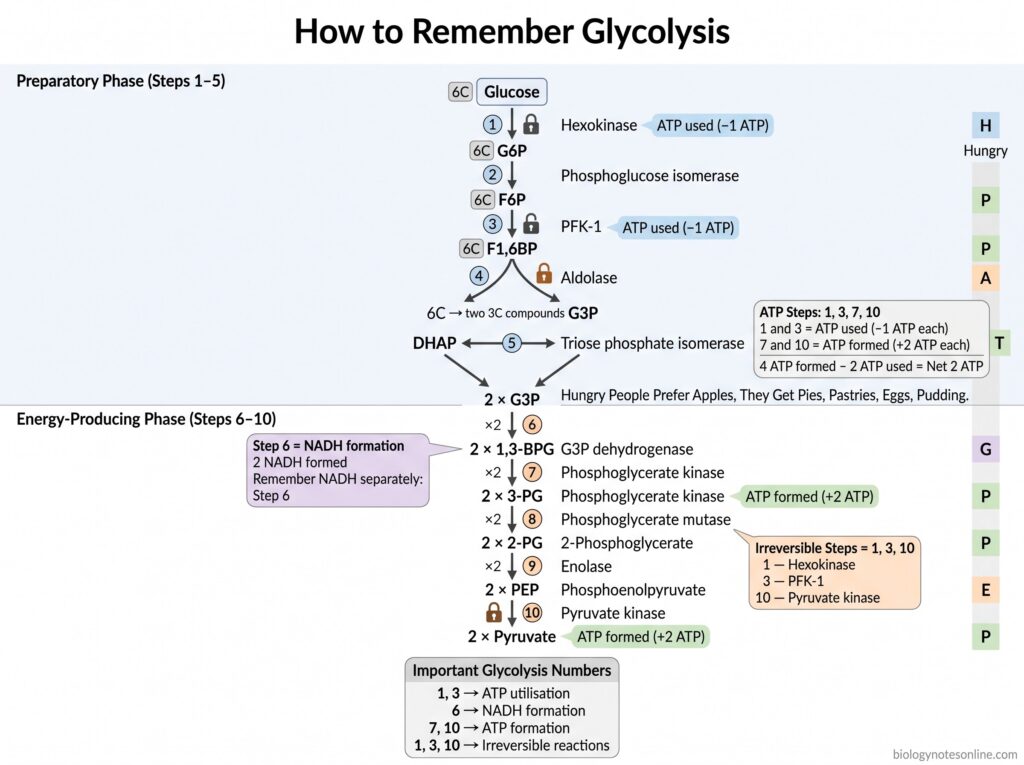 Glycolysis Pathway – 10 Steps, Enzymes, Products, ATP Yield & Regulation 12 Diagram showing How to Remember Glycolysis