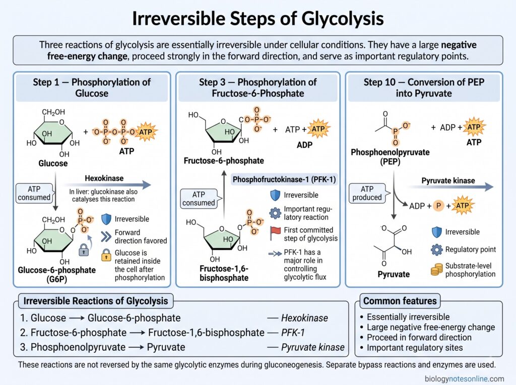 Glycolysis Pathway – 10 Steps, Enzymes, Products, ATP Yield & Regulation 8 Diagram showing Irreversible Steps of Glycolysis
