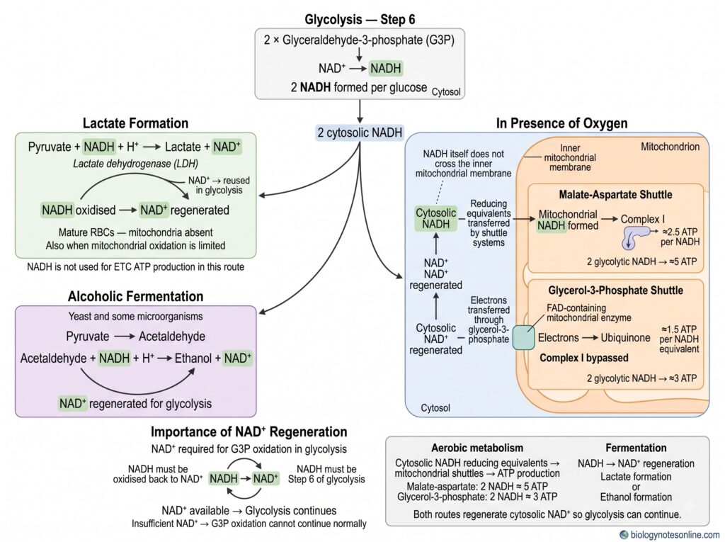 Glycolysis Pathway – 10 Steps, Enzymes, Products, ATP Yield & Regulation 11 Diagram showing What Happens to NADH Produced During Glycolysis