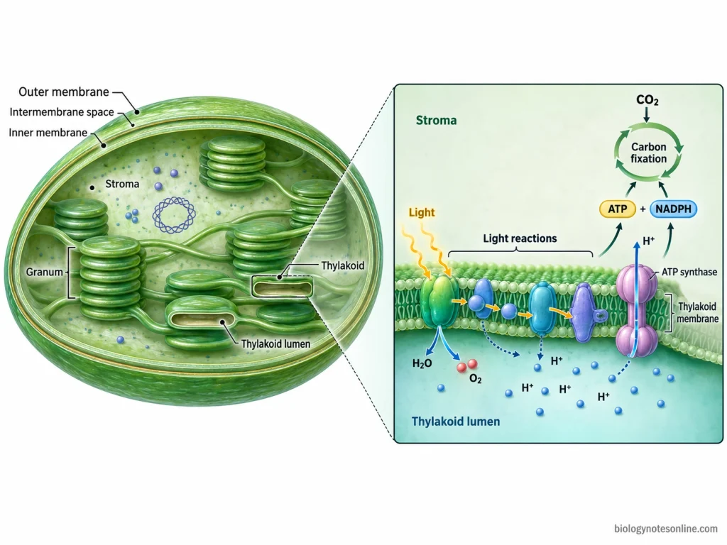 Cell Organelles: Major Types, Functions, and Examples 7 Chloroplast cutaway showing the envelope, stroma, grana and thylakoids, with light reactions in the thylakoid membrane and carbon fixation in the stroma.