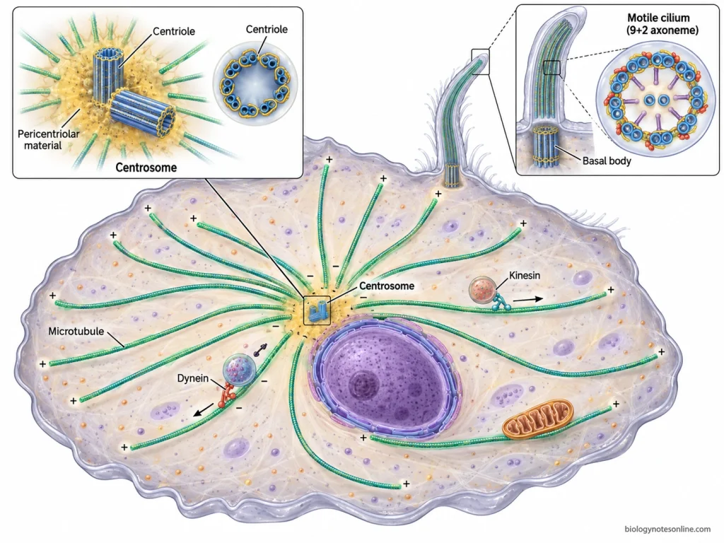 Cell Organelles: Major Types, Functions, and Examples 6 Animal cell showing centrosomal microtubules, kinesin and dynein transport, centriole structure, basal body, and the 9+2 axoneme of a motile cilium.