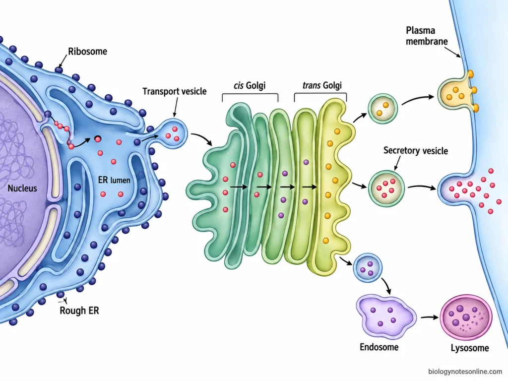 Cell Organelles: Major Types, Functions, and Examples 3 Secretory pathway showing protein synthesis at rough ER, vesicle transport to the Golgi apparatus, sorting, secretion, and delivery toward endosomes and lysosomes.