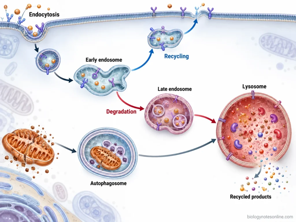 Cell Organelles: Major Types, Functions, and Examples 5 Cellular sorting pathway showing endocytosis into early endosomes, recycling to the plasma membrane, late endosome and lysosome degradation, and autophagosome delivery.