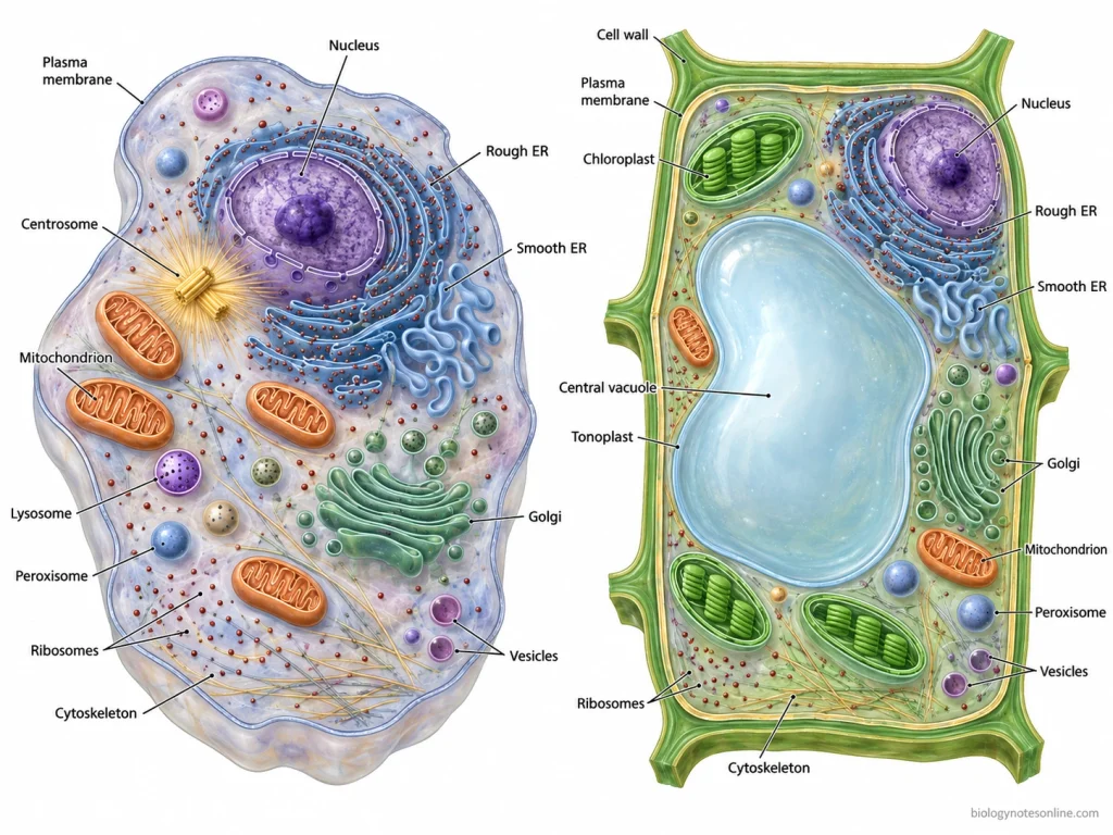 Cell Organelles: Major Types, Functions, and Examples 1 Comparison of animal and plant cells showing the nucleus, ER, Golgi apparatus, mitochondria, ribosomes, cytoskeleton, chloroplasts, vacuole, and other major structures.