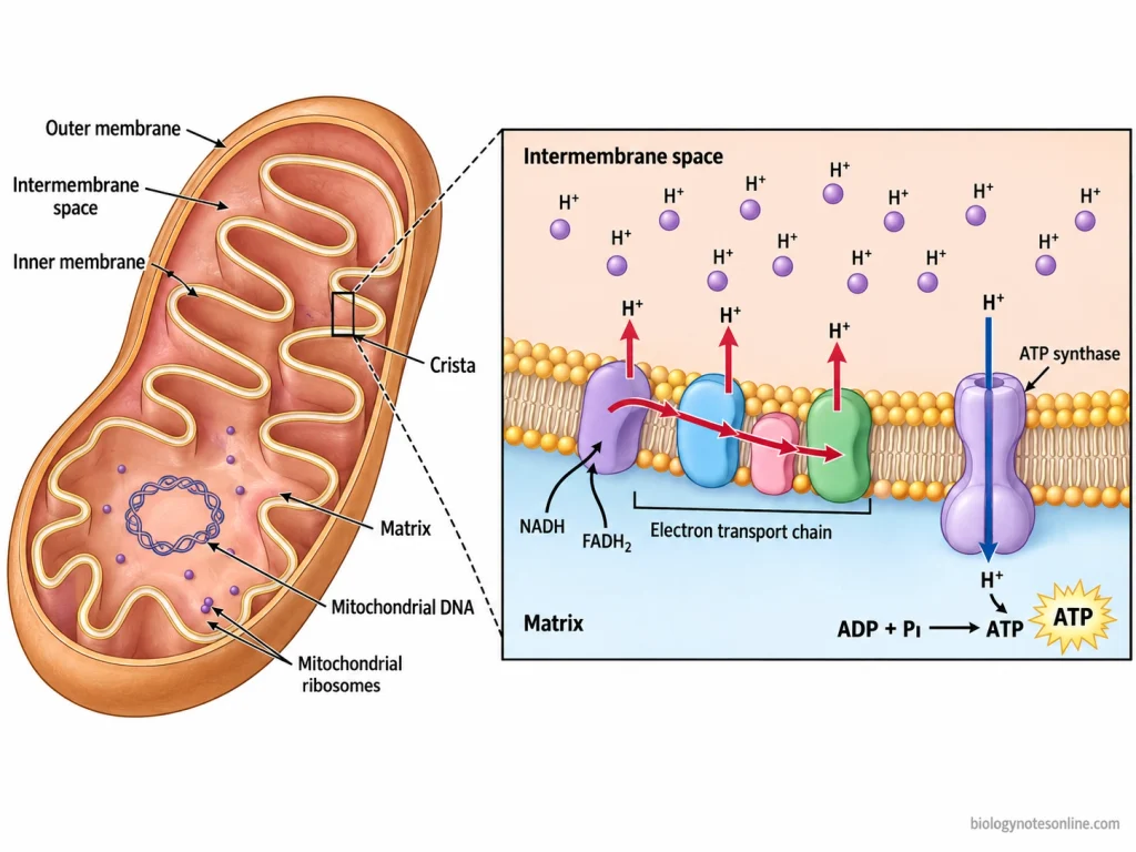 Cell Organelles: Major Types, Functions, and Examples 4 Mitochondrion showing cristae and a magnified inner membrane where electron transport pumps protons and ATP synthase uses proton flow to produce ATP.