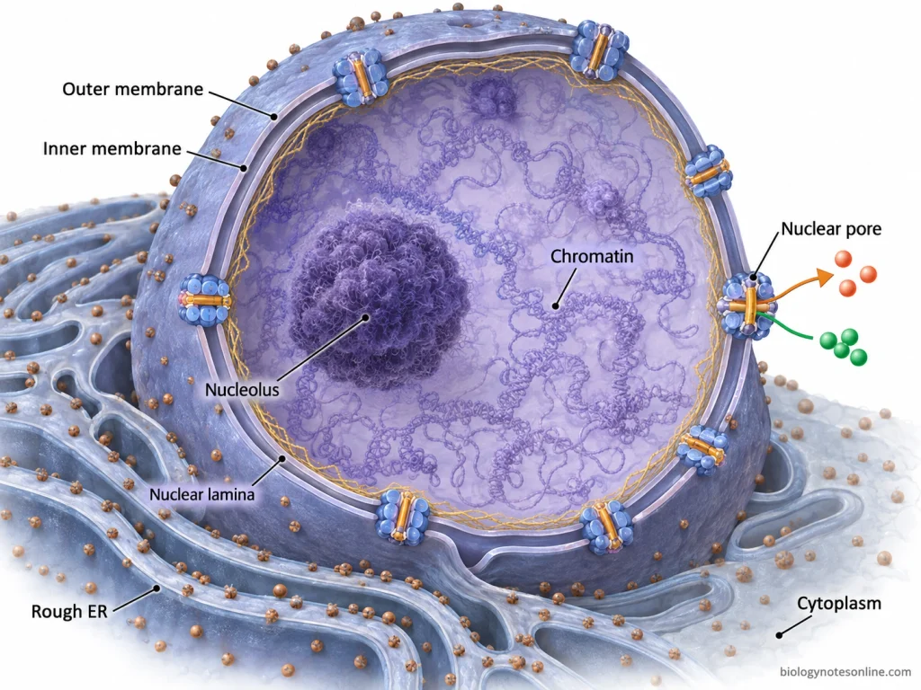 Cell Organelles: Major Types, Functions, and Examples 2 Cutaway of a eukaryotic nucleus showing the double nuclear envelope, nuclear pores, chromatin, nucleolus, nuclear lamina, and continuity with rough ER.