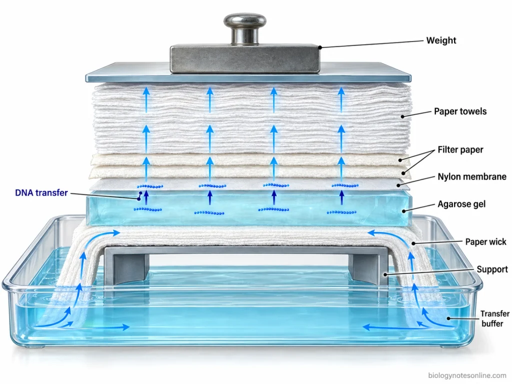 Cross-sectional capillary transfer apparatus showing buffer reservoir, paper wick, agarose gel, nylon membrane, filter paper, absorbent towels, and upward DNA movement.