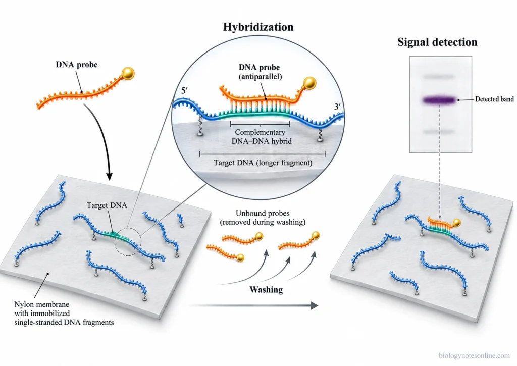 Labelled DNA probe hybridizing with complementary single-stranded DNA on a membrane, followed by washing and detection of a target band.