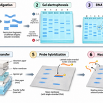 Six-step Southern blotting workflow showing restriction digestion, gel electrophoresis, DNA denaturation, membrane transfer, probe hybridization, and detection.