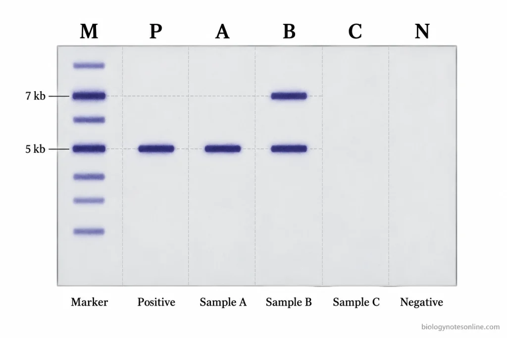 Schematic Southern blot with marker lane M, 5 kb bands in positive control P and sample A, 5 kb and 7 kb bands in sample B, and no detectable bands in samples C or N.