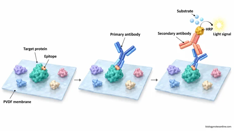 Primary antibody bound to a target protein on a blotting membrane, with an HRP-labelled secondary antibody generating a detectable light signal.