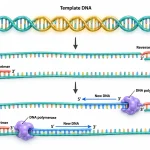 Antiparallel DNA strands showing forward and reverse primers binding to opposite templates and DNA polymerase extending new strands in the 5′ to 3′ direction.