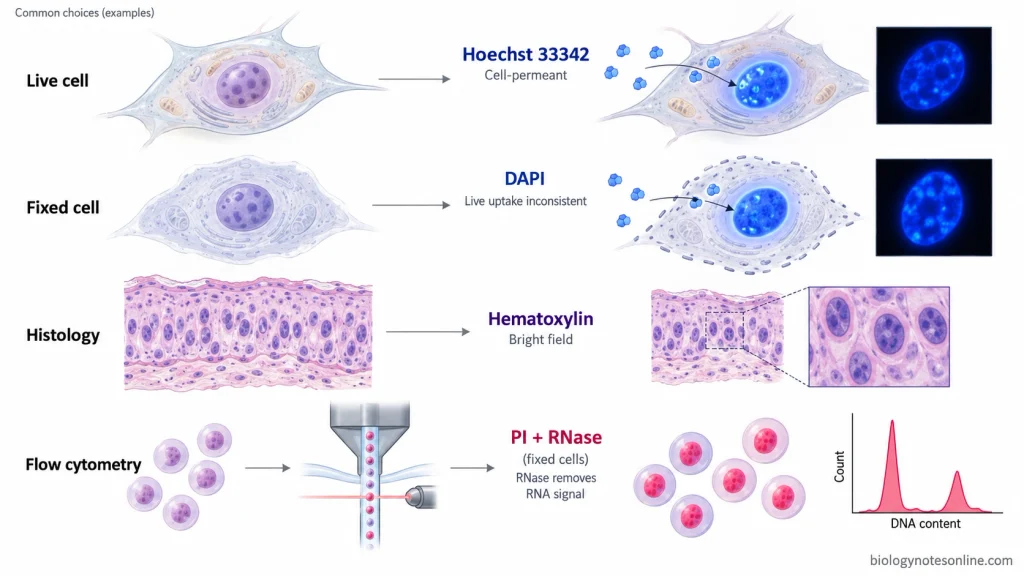 Comparison of common nuclear stain choices showing Hoechst for live cells, DAPI for fixed-cell imaging, hematoxylin for histology, and PI with RNase for DNA-content analysis.