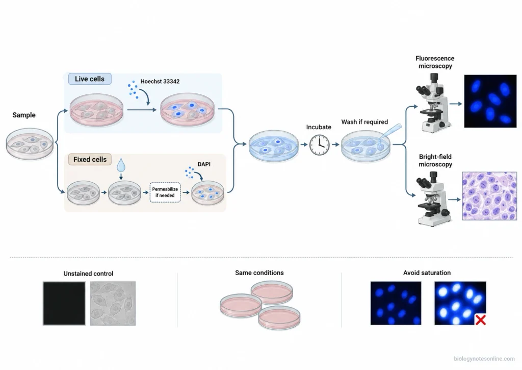 Nuclear staining workflow showing separate live-cell and fixed-cell preparation paths followed by staining, optional washing, and fluorescence or bright-field imaging.