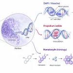Nuclear staining mechanisms showing DAPI and Hoechst binding the DNA minor groove, propidium iodide intercalating nucleic acids, and hematein–mordant staining nuclear chromatin.