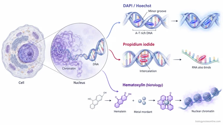 Nuclear staining mechanisms showing DAPI and Hoechst binding the DNA minor groove, propidium iodide intercalating nucleic acids, and hematein–mordant staining nuclear chromatin.