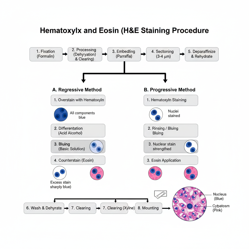 Nuclear Staining- Principle, Procedure, Uses 4 Procedure of Nuclear Staining by Hematoxylin and Eosin (H&E) Stain