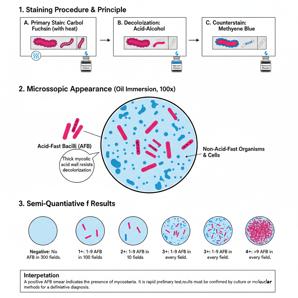 Result of Ziehl-Neelsen Staining or acid-fast staining