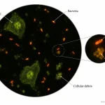 Fluorescence microscopy schematic showing bright orange bacterial cells, green-yellow host cells, and fluorescent debris in an acridine orange-stained clinical smear.