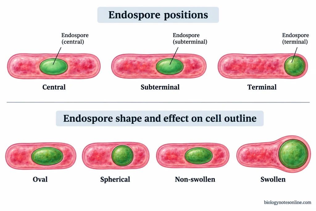 Bacterial endospores vary in shape and position within the mother cell. Some enlarge the cell outline, while others do not cause visible swelling.