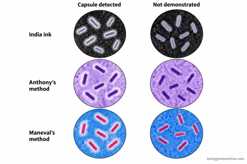 Comparison of positive and negative capsule staining results with India ink, Anthony's method, and Maneval's method, showing method-specific cell colors and capsule halos.