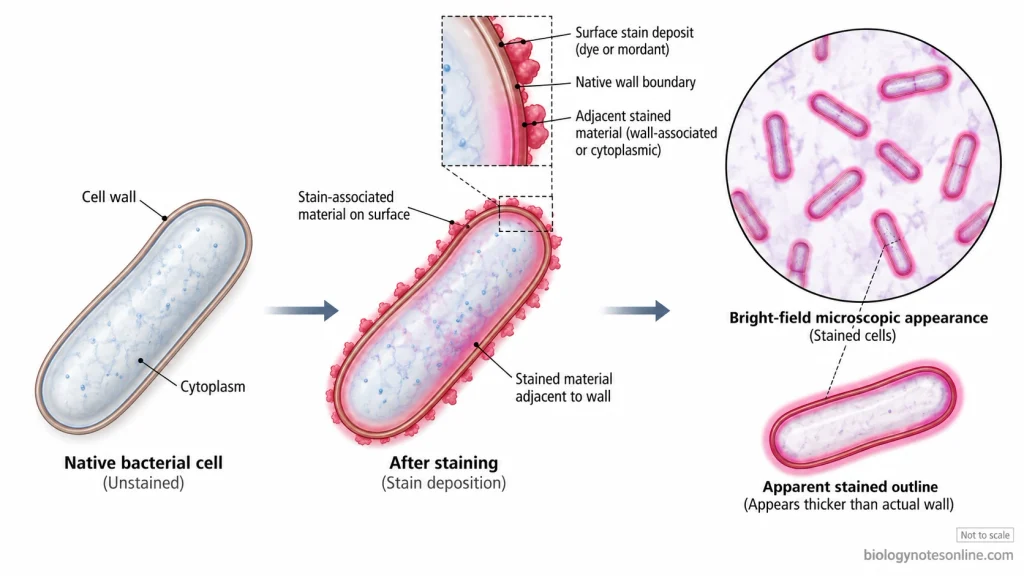 Cell Wall Staining - Principle, Methods, Procedure and Results 5 Schematic showing how surface dye deposits and adjacent stained material can make bacterial cell walls appear thicker under light microscopy.