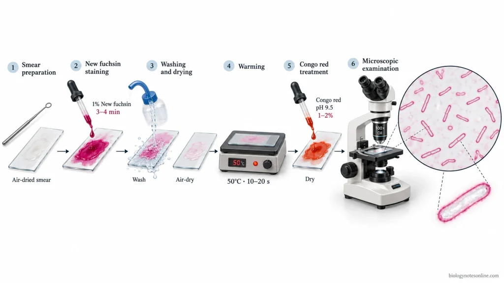 Cell Wall Staining - Principle, Methods, Procedure and Results 1 Sequential staining of a bacterial smear with new fuchsin, warming at 50°C, and Congo red treatment, producing pink-red wall outlines.