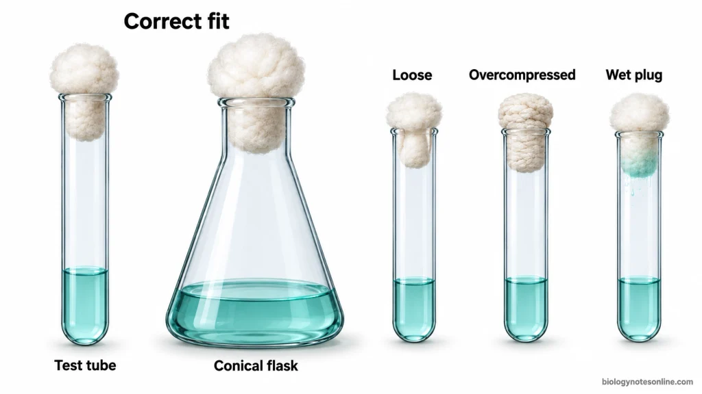 Correct cotton plug fitting in a test tube and conical flask compared with loose, overcompressed, and wet cotton plugs.