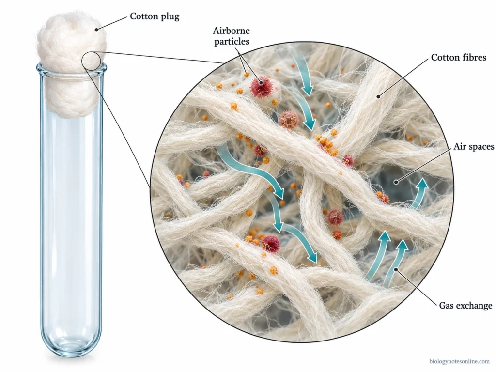 Cross-section of a cotton plug in a culture tube showing porous cotton fibres trapping airborne particles while allowing gas exchange.