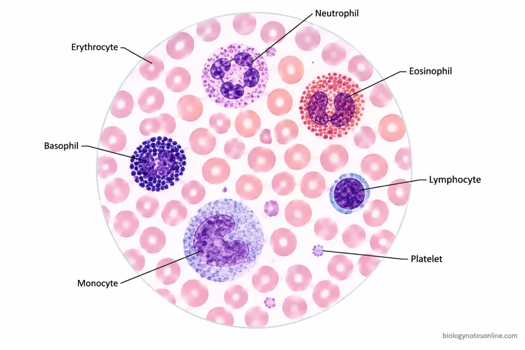 Labelled Giemsa-stained blood cells showing pink erythrocytes, purple-nucleated neutrophils, eosinophils, basophils, lymphocytes, monocytes and small platelets.