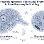 Iron-hematoxylin-stained amoebic trophozoite with one nucleus beside a mature four-nucleated cyst, showing karyosomes, peripheral chromatin and grey-blue cytoplasm.