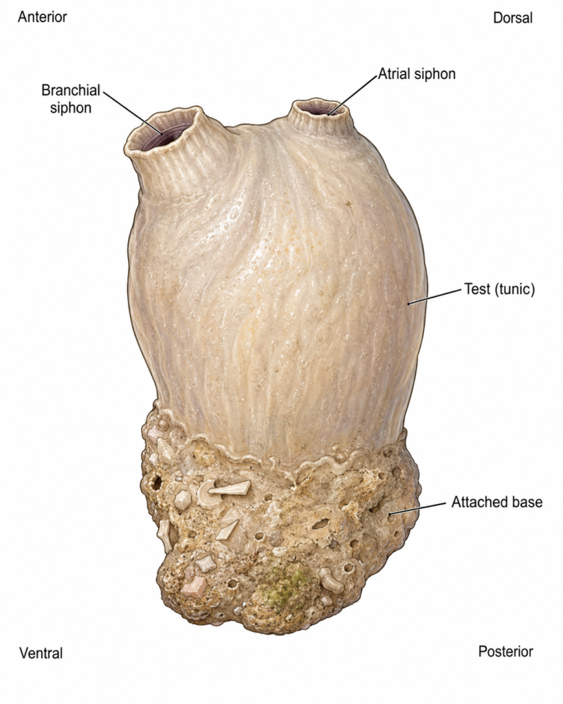 labelled diagram showing External morphology of Herdmania