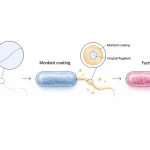 Three-stage diagram showing a thin bacterial flagellum becoming coated with mordant and stained red with fuchsin.