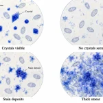Four illustrated microscope fields comparing visible blue parasporal crystals, no detectable crystals, irregular stain deposits and a crowded smear.