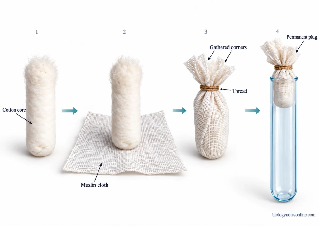 Four stages of making a permanent cotton plug by placing a cotton core on muslin cloth, gathering and tying the cloth, and fitting the covered plug into a test tube.