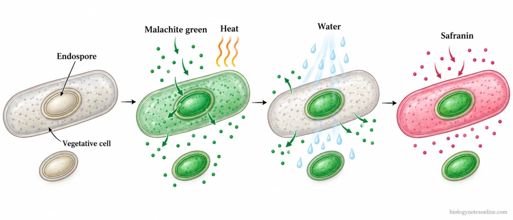 Diagram showing malachite green entering an endospore with heat, water removing stain from the vegetative cell, and safranin staining the cell pink while the spore remains green.