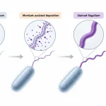 Comparison of a thin bacterial flagellum before staining, mordant-assisted dye deposition around the filament, and a thicker stained flagellum visible under light microscopy.