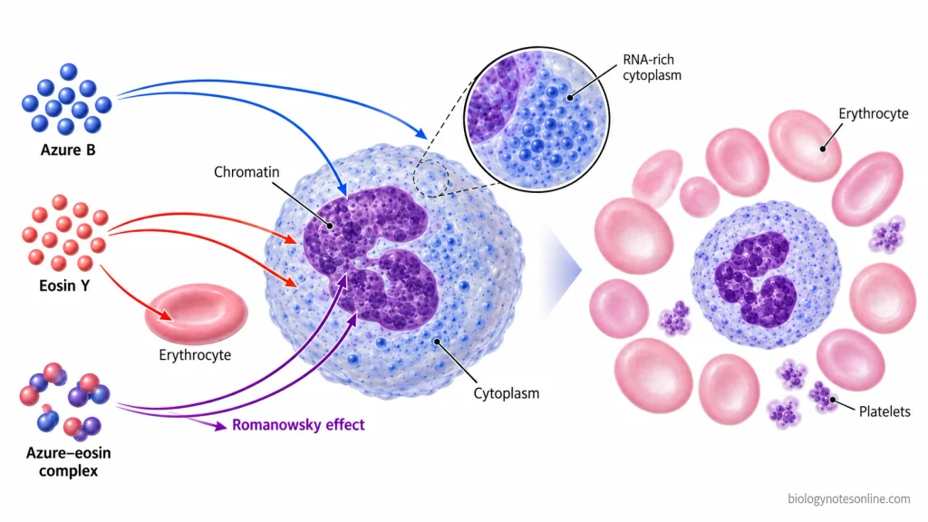Giemsa staining uses acidic and basic dyes to produce characteristic differences in the staining of cellular structures. Azure B–eosin interactions contribute to the purple Romanowsky effect.
