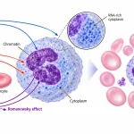 Giemsa staining uses acidic and basic dyes to produce characteristic differences in the staining of cellular structures. Azure B–eosin interactions contribute to the purple Romanowsky effect.