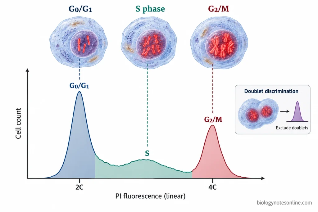 PI fluorescence histogram showing a 2C G0/G1 peak, intermediate S-phase DNA content, a 4C G2/M peak and the exclusion of cell doublets.