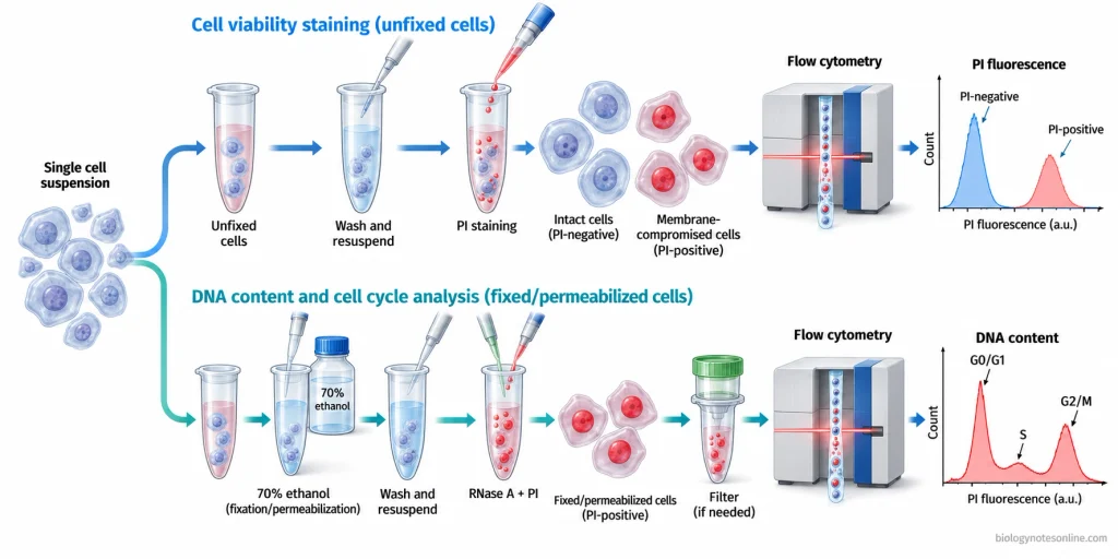 Parallel flow cytometry workflows showing PI staining of unfixed cells for membrane-integrity assessment and ethanol-fixed cells with RNase for DNA-content analysis.