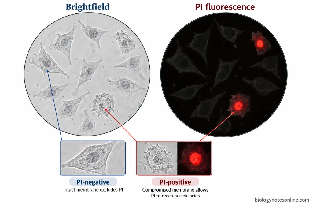 Matched brightfield and PI fluorescence views showing all cells in the sample and red fluorescent nuclei in a subset of PI-positive cells.